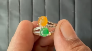 イエロー＆ろうかん翡翠ペアルースファッションリング